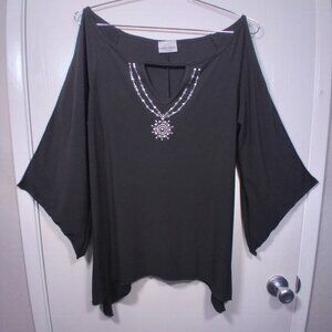 Caren Sport Deep Black SIlver Studded Blouse 1X